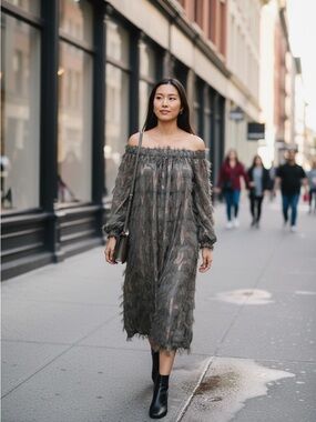 Julia Allert Fringe Textured Off-Shoulder Dress | Avant-Garde Statement | NWT XL